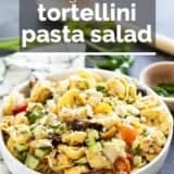 Greek Tortellini Pasta Salad with text overlay.