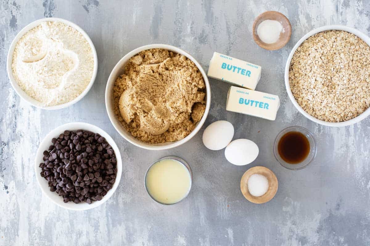 Ingredients for Oatmeal Fudge Bars.