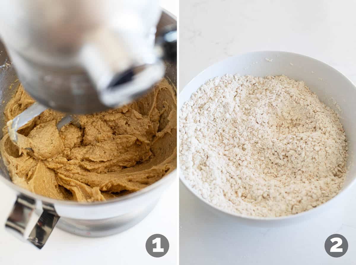 Creaming wet ingredients and mixing dry ingredients for Oatmeal Fudge Bars.