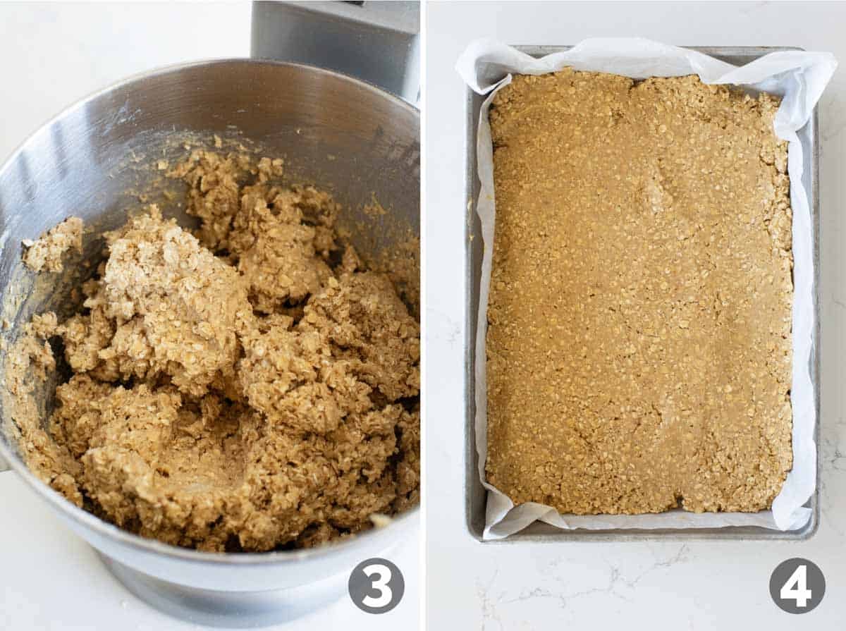 Mixing oatmeal cookie mixture and pressing into the bottom of a baking dish lined with parchment paper.