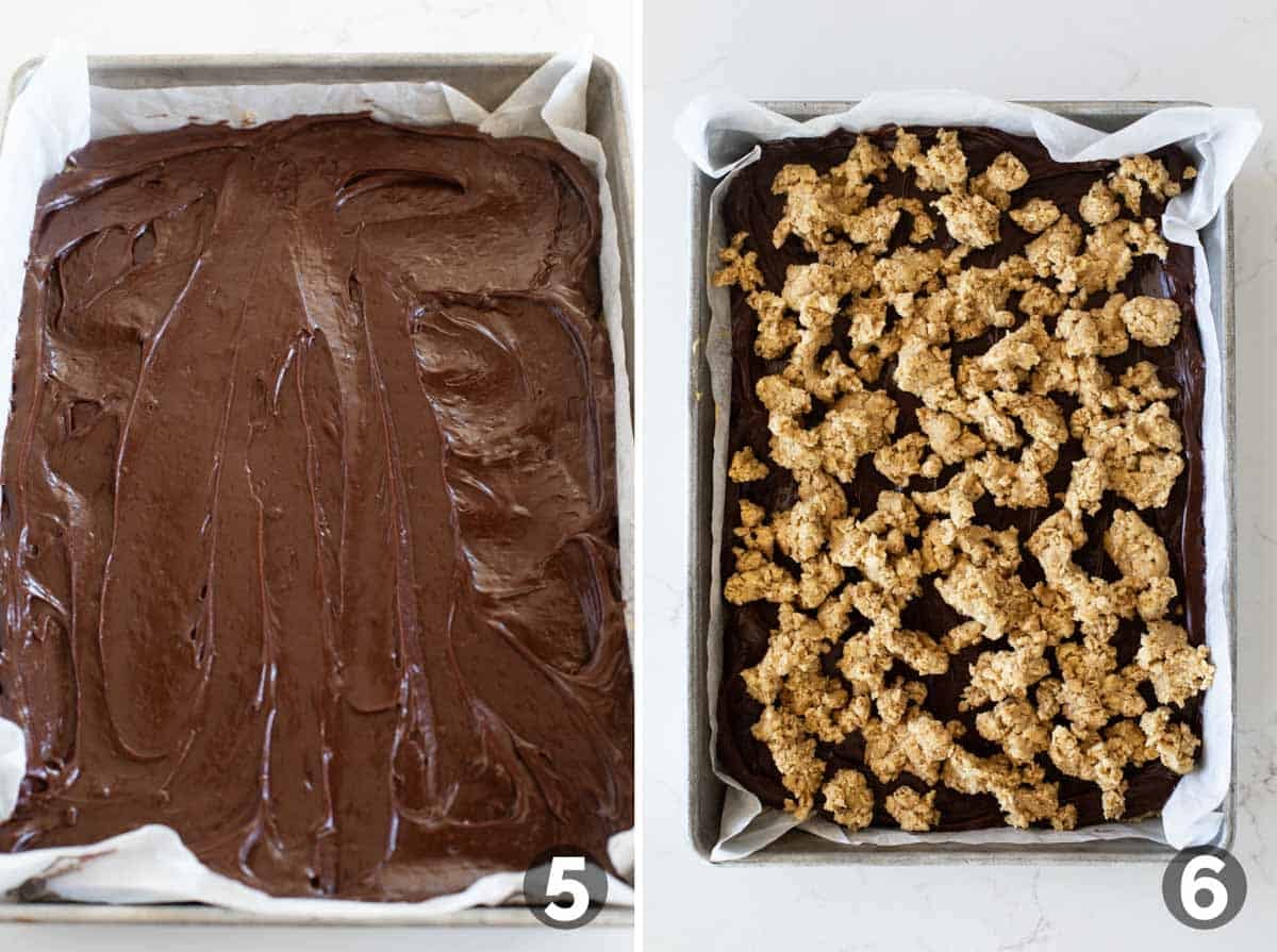 Spreading fudge layer and adding oatmeal cookie topping.