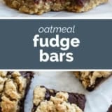 Oatmeal Fudge Bars collage with text bar in the middle.