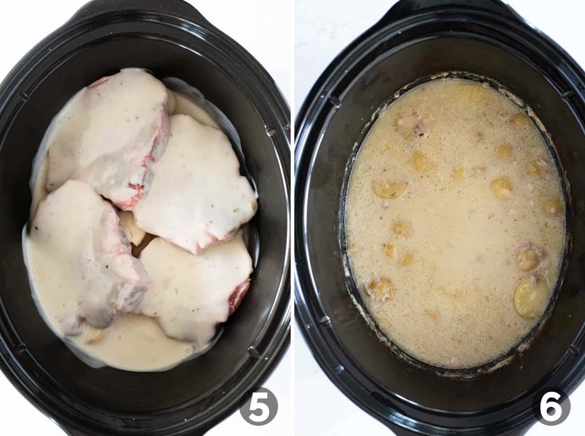 Slow Cooker Creamy Ranch Pork Chops and Potatoes before cooking and after cooking.