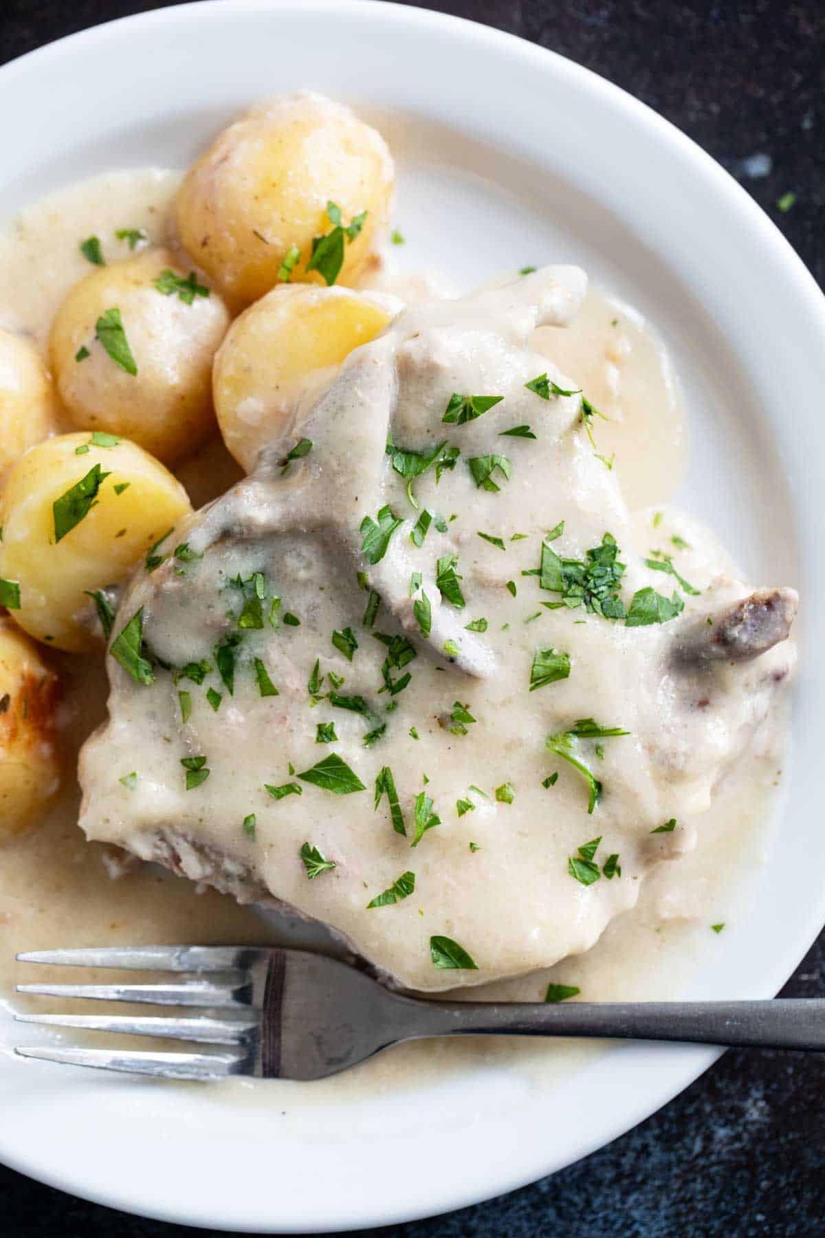 Slow Cooker Creamy Ranch Pork Chop and Potatoes on a plate with a fork.