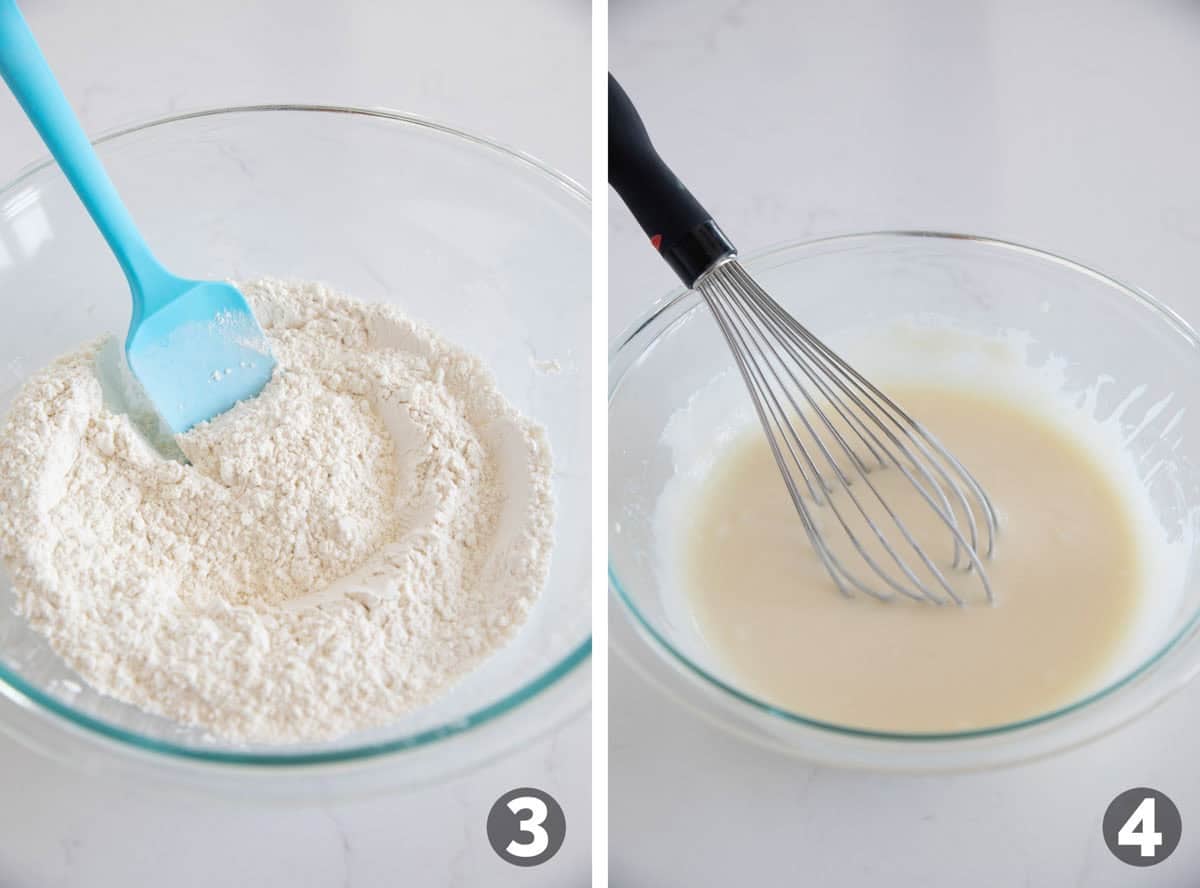 Mixing dry ingredients and wet ingredients for Strawberry Muffins.