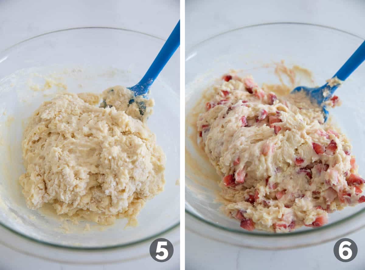 Mixing batter for Strawberry Muffins.