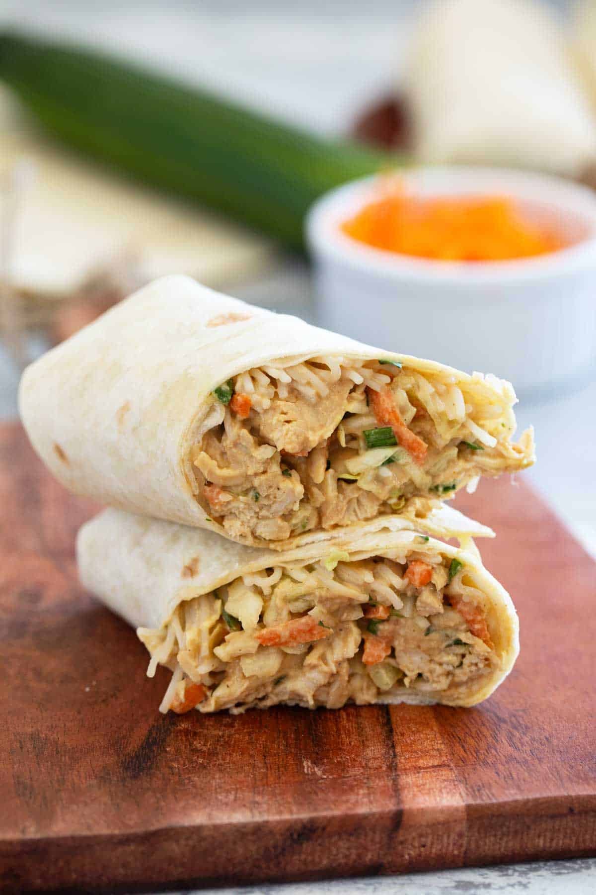 Thai Chicken Wrap with homemade peanut sauce.
