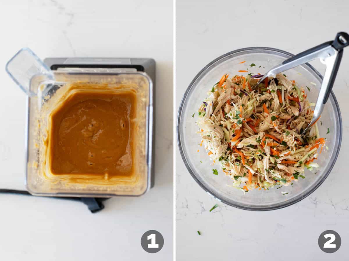 Making peanut sauce and mixing chicken and vegetables in a bowl.