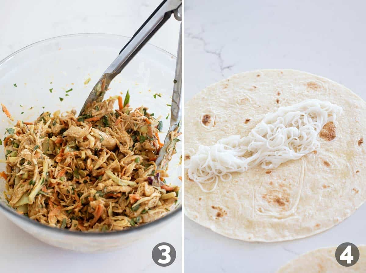 Mixing filling for Thai Chicken Wraps and adding noodles to a tortilla.