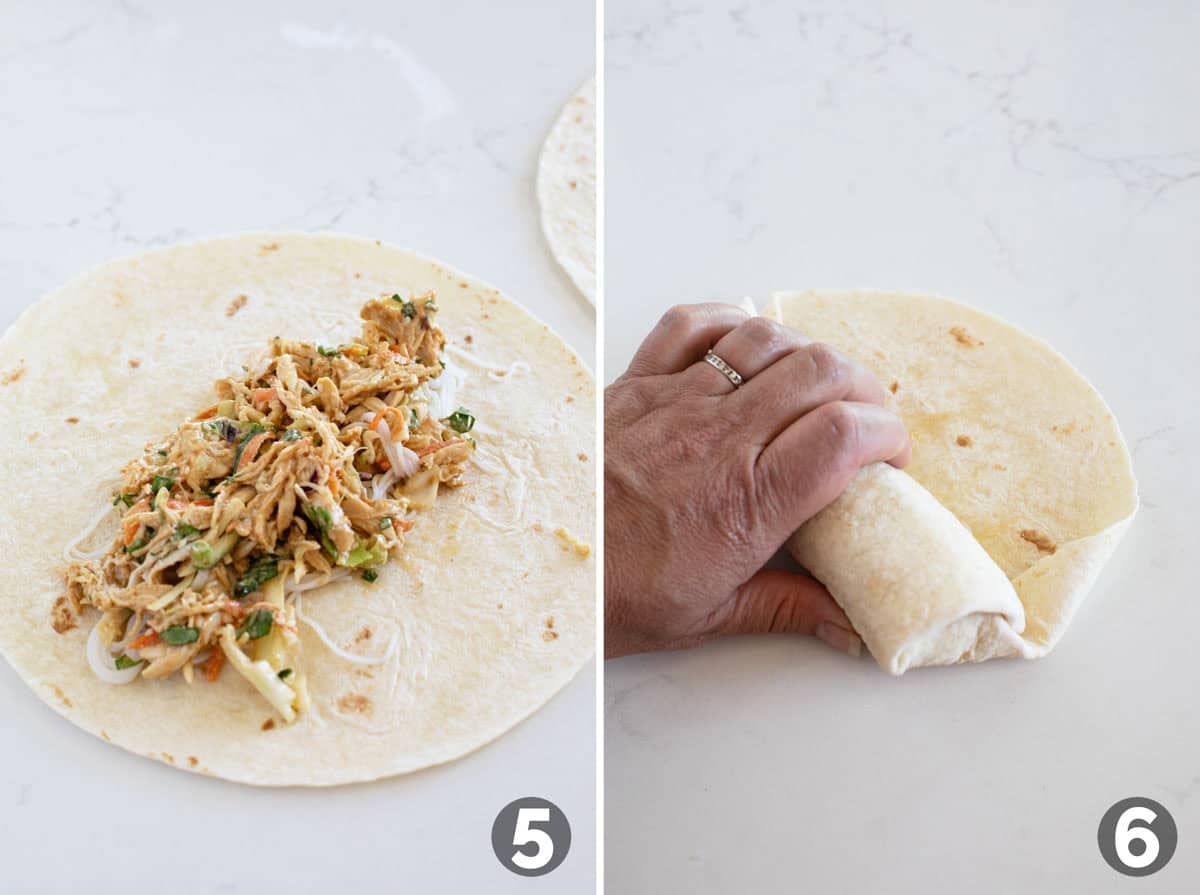 Assembling a Thai Chicken Wrap and rolling it up.