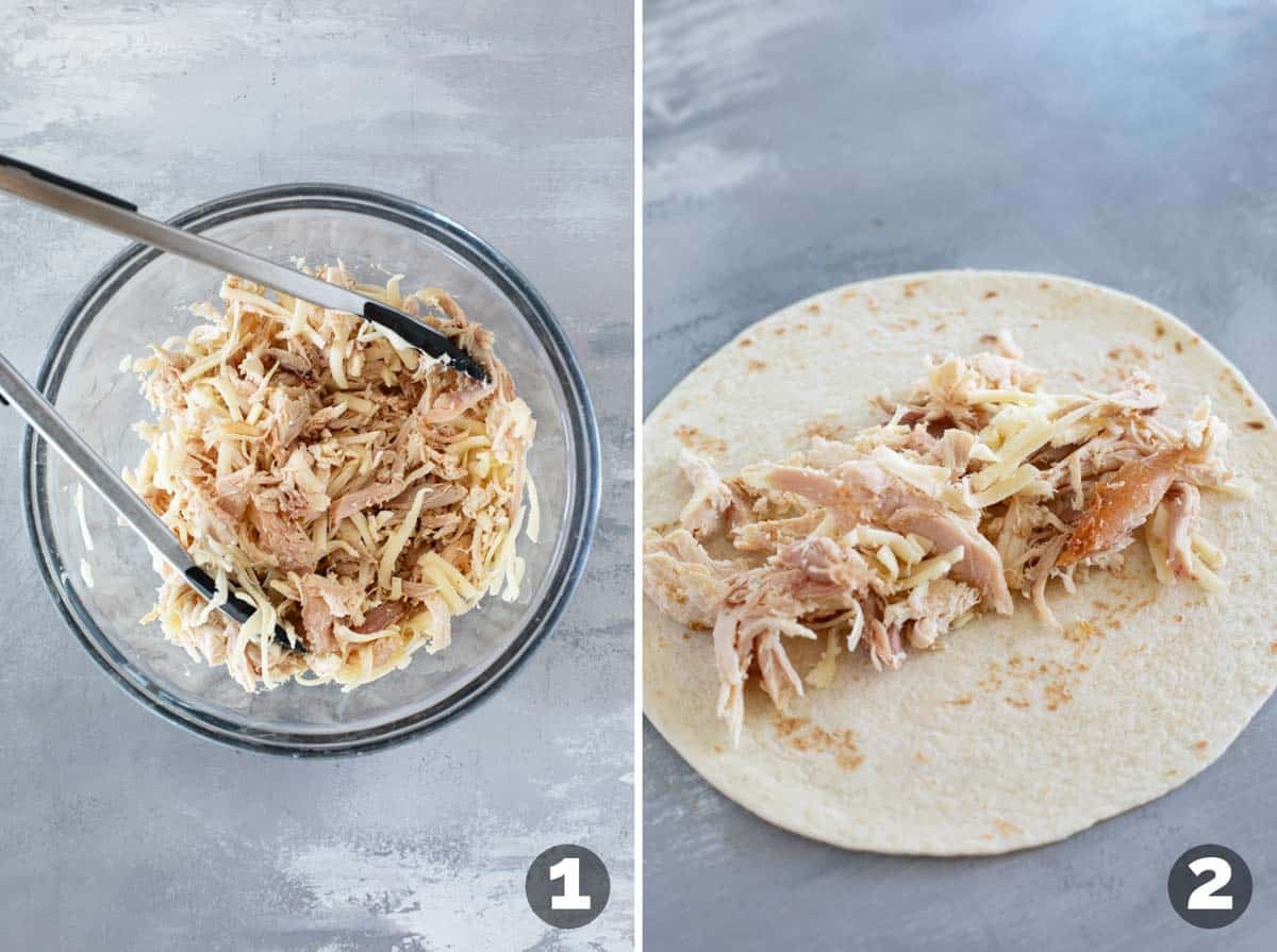 Mixing chicken and cheese and adding to a tortilla for White Chicken Enchiladas.