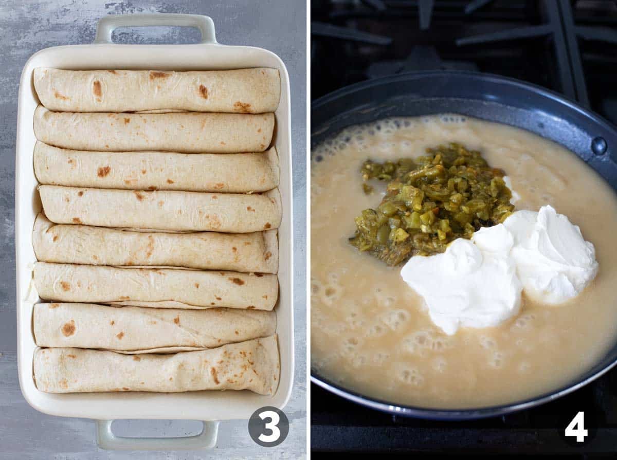 Adding rolled enchiladas to a casserole dish and making sauce.