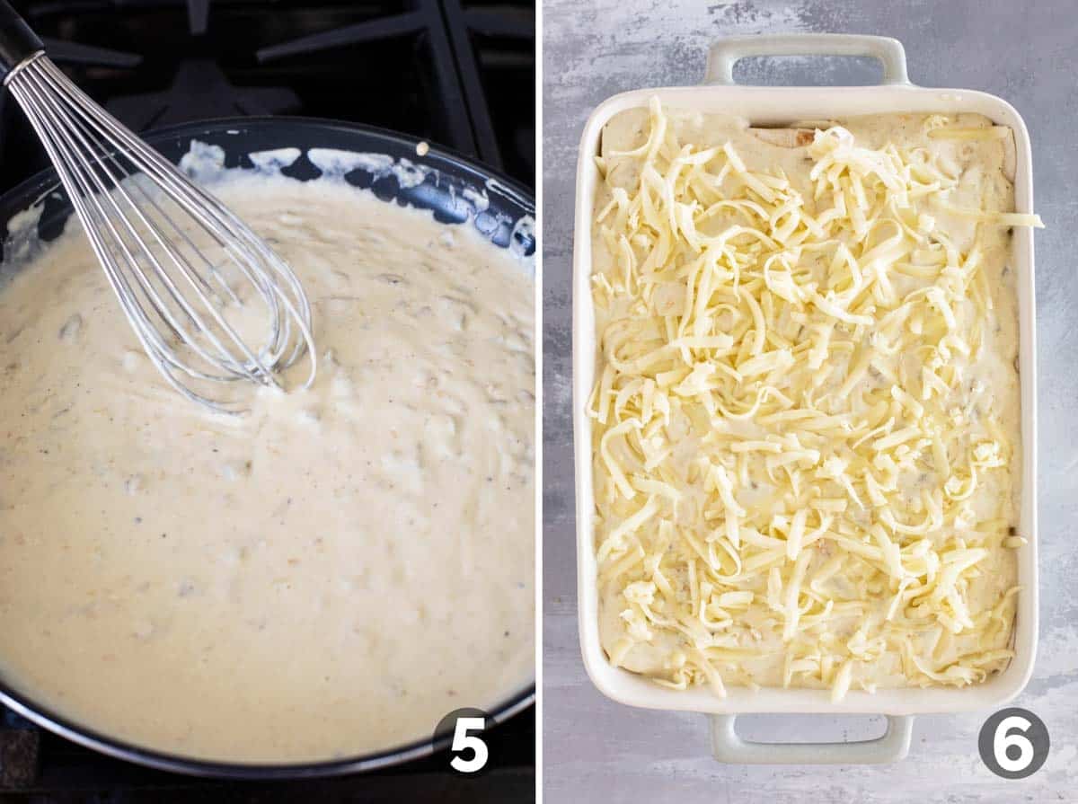Making cream sauce and pouring over enchiladas and topping with cheese.