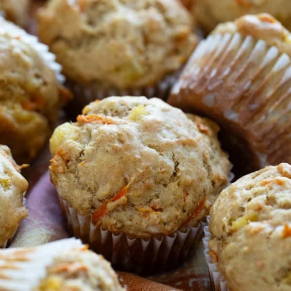 Carrot Pineapple Muffins on a towel.