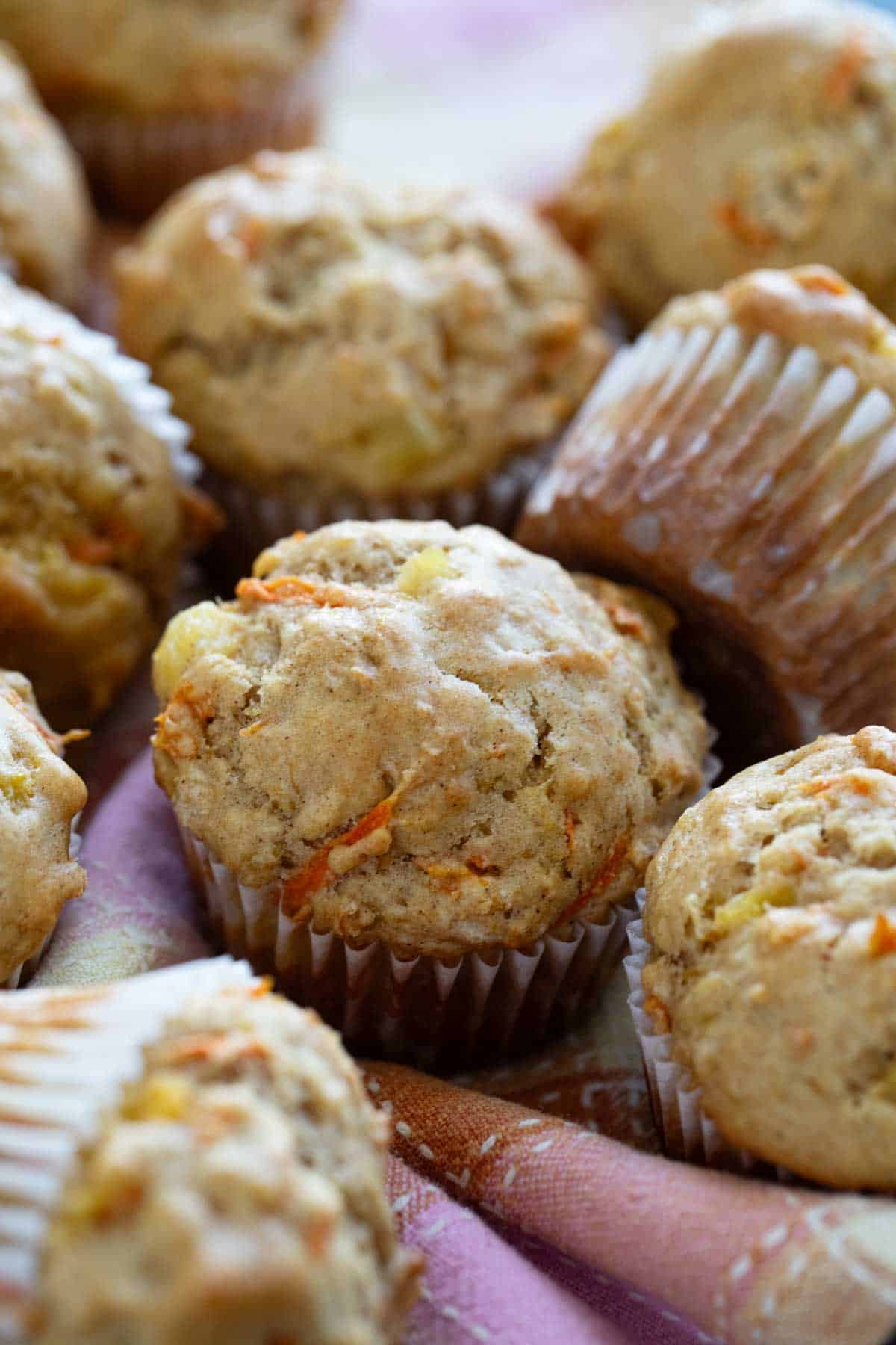 Carrot Pineapple Muffins on a towel.