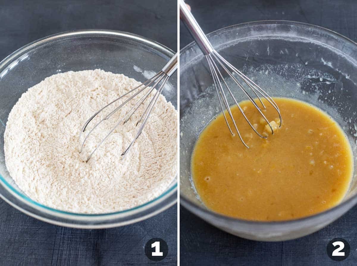 Mixing dry ingredients and wet ingredients for Carrot Pineapple Muffins.