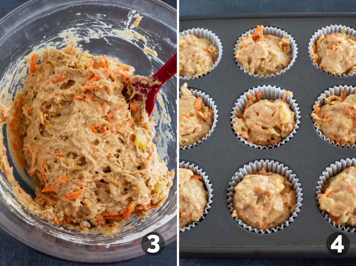 Mixing carrots into muffin batter and adding to muffin tins.