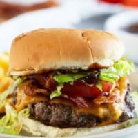 Chipotle Honey BBQ Burgers with bacon, cheese, and homemade bbq sauce.