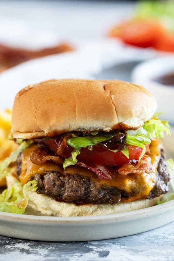 Chipotle Honey BBQ Burgers with bacon, cheese, and homemade bbq sauce.
