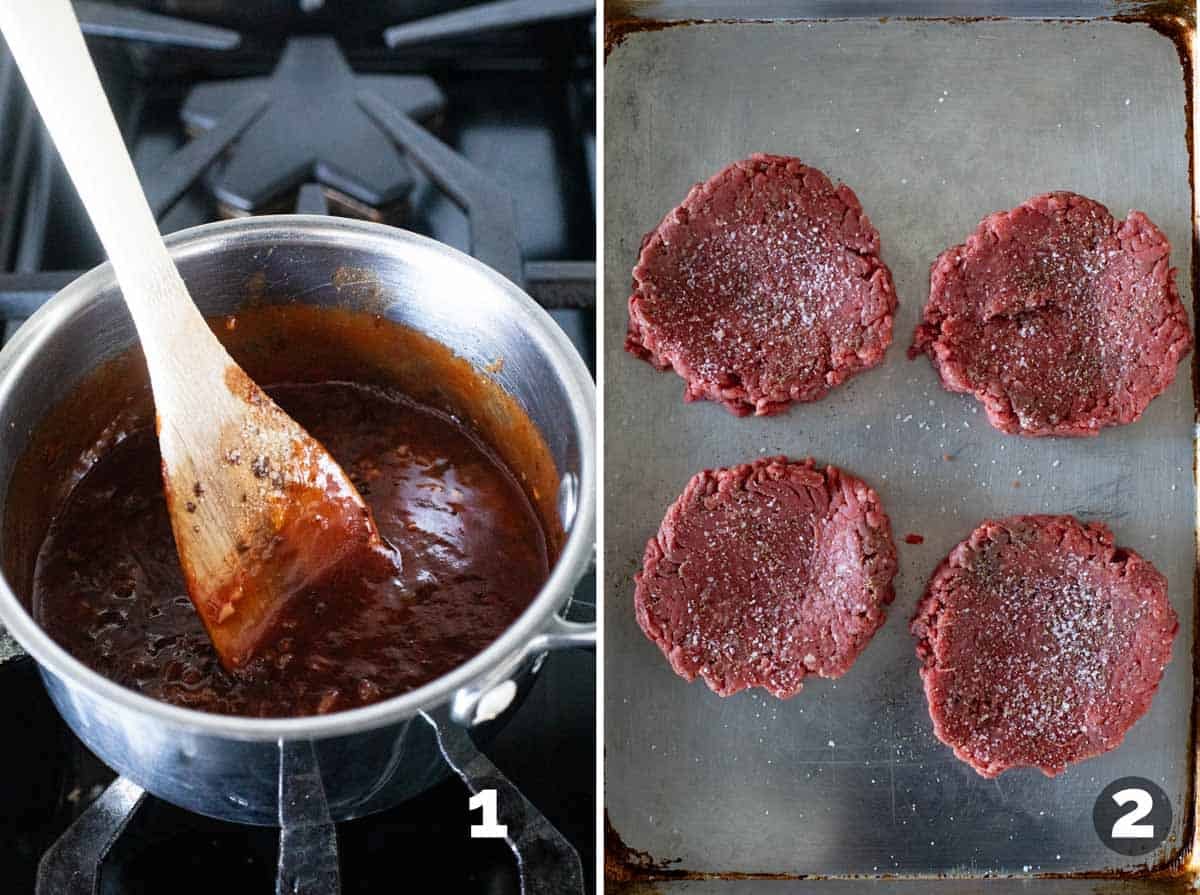Making chipotle honey BBQ sauce and forming hamburger patties.