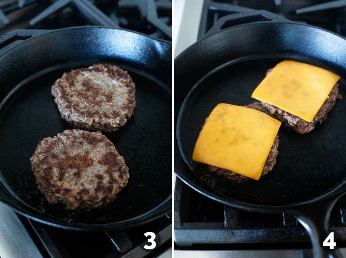 Cooking Chipotle Honey BBQ Burgers in a cast iron skillet.