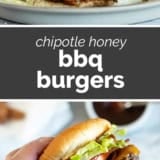 Chipotle Honey BBQ Burgers collage with text bar in the middle.