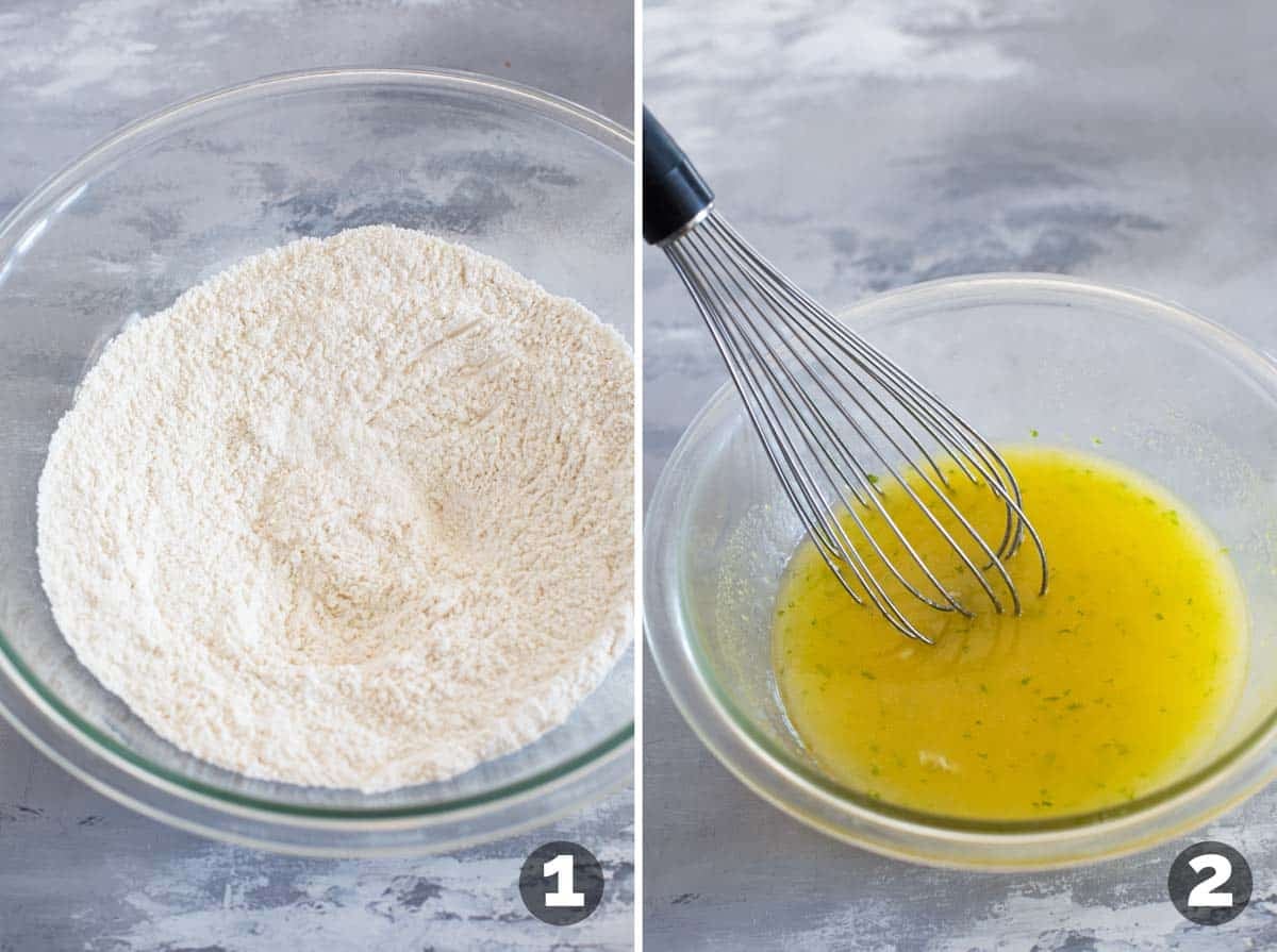 Mixing dry ingredients and wet ingredients for muffins.