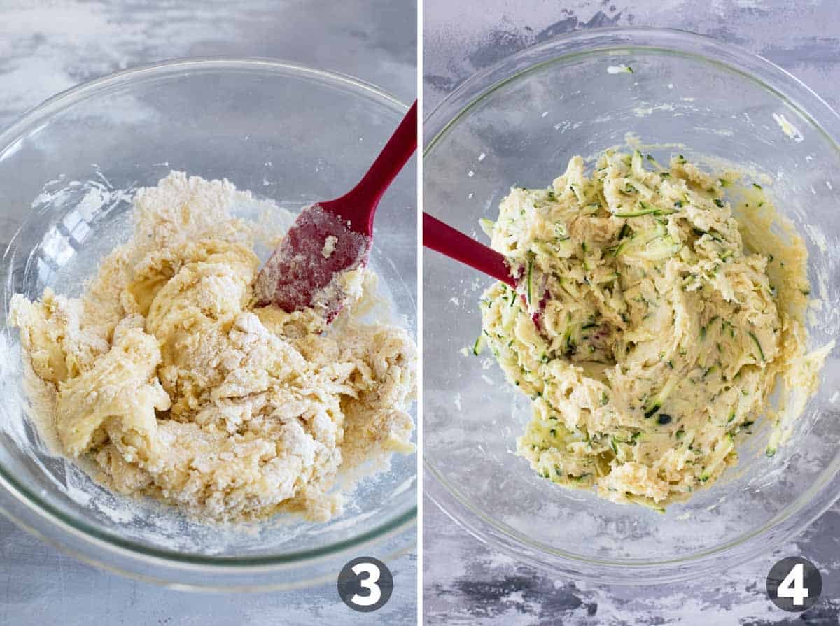 Mixing coconut lime zucchini muffin batter and adding in zucchini and coconut.