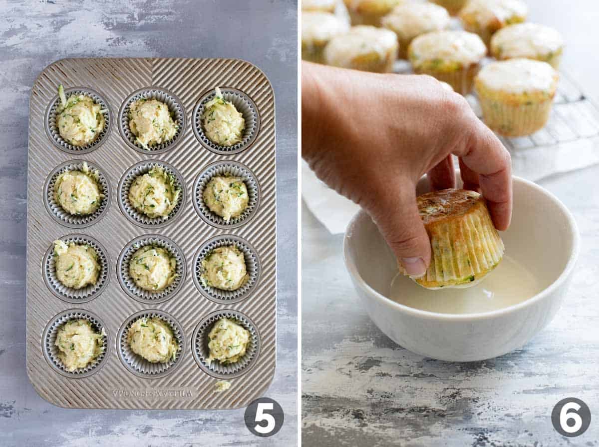 Adding muffin batter to a muffin tin, and dipping cooked muffins in a glaze.