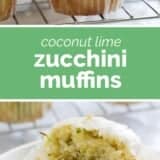 Coconut Lime Zucchini Muffins collage with text bar in the middle.