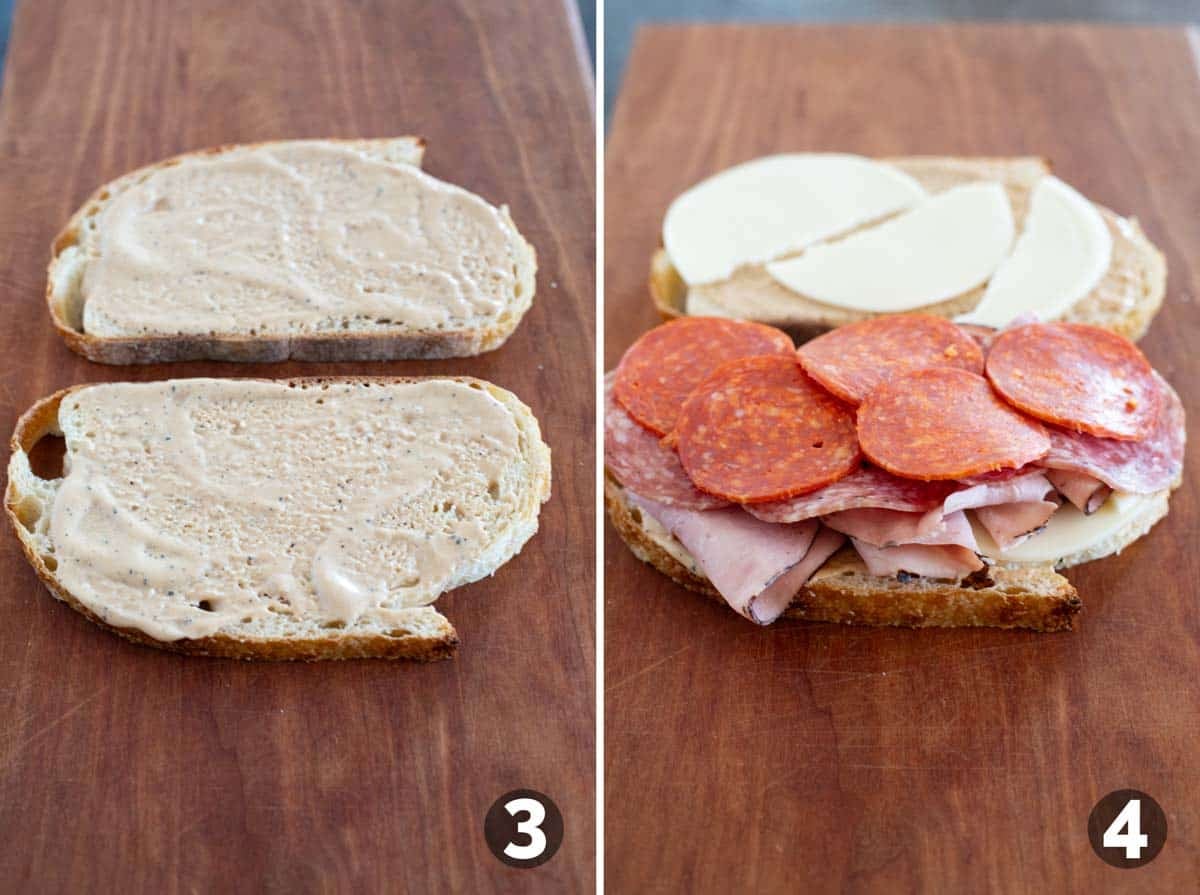 Adding balsamic mayo to bread and assembling an Italian grilled cheese.