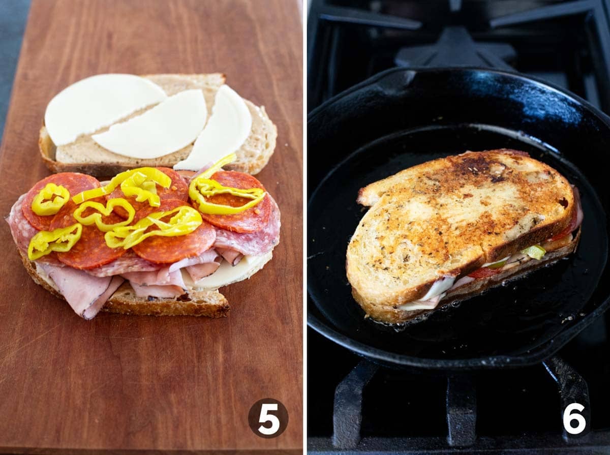 Adding peppers to an Italian Grilled Cheese and grilling in a cast iron skillet.