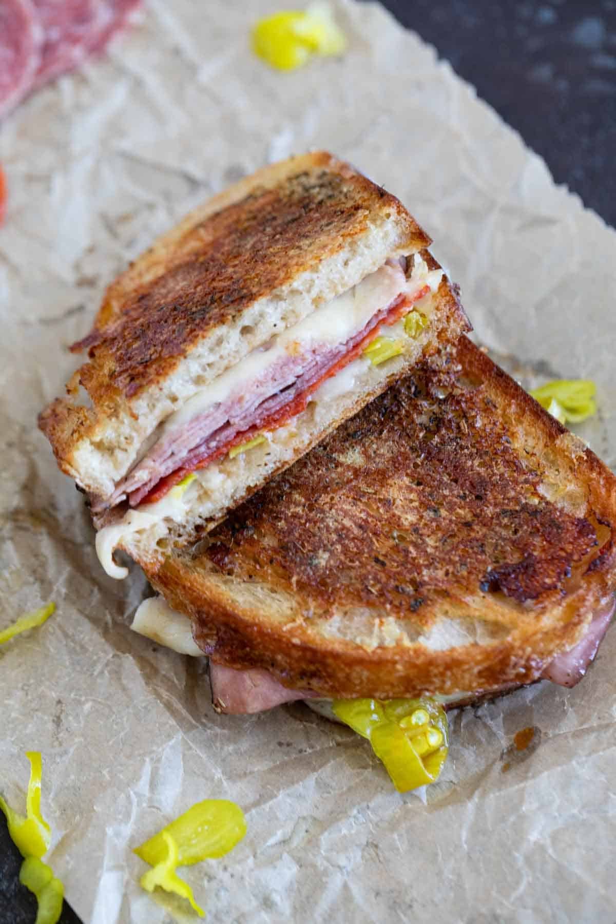 Italian Grilled Cheese sandwich cut in half.