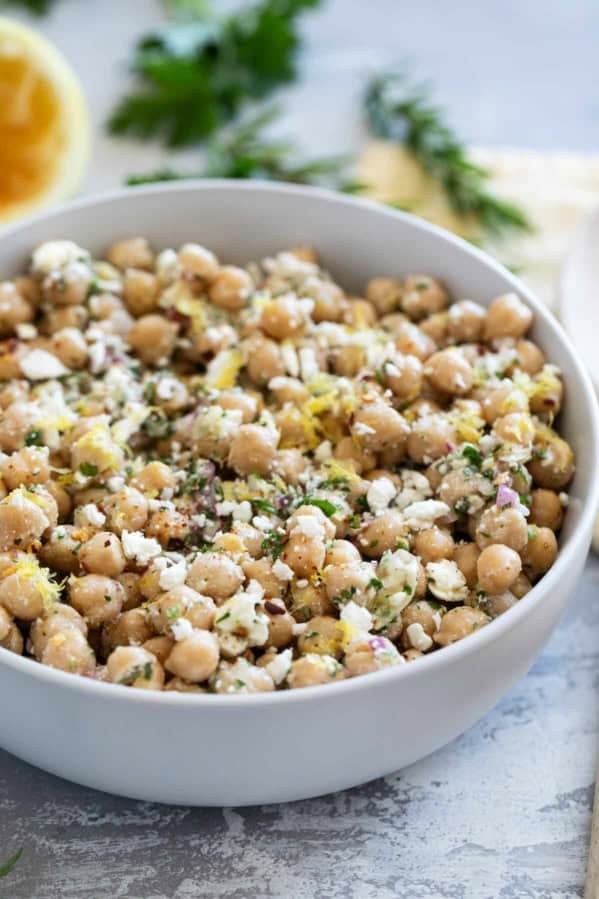 Lemon Chickpea Salad topped with feta.