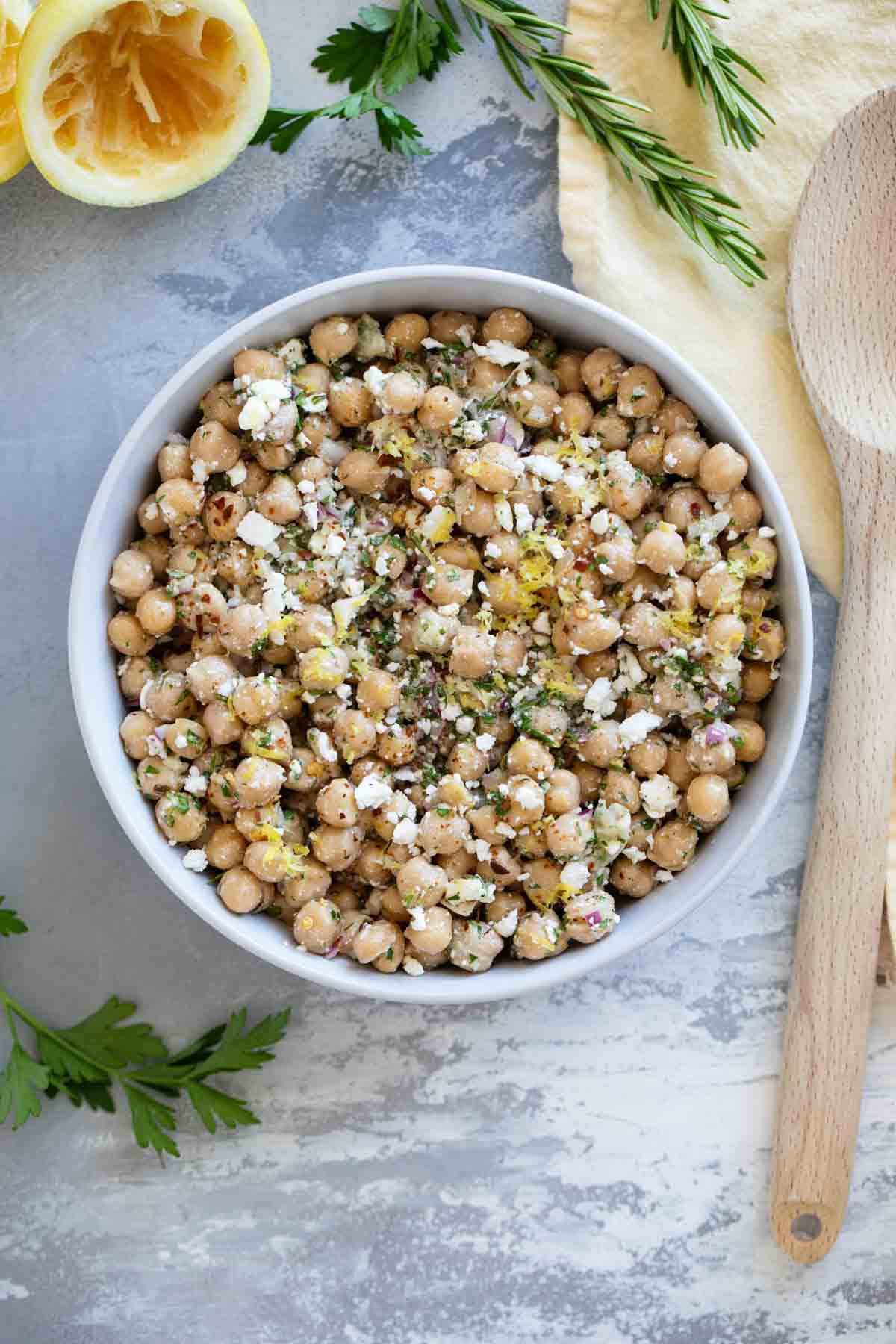 Lemon Chickpea Salad in a white bowl.