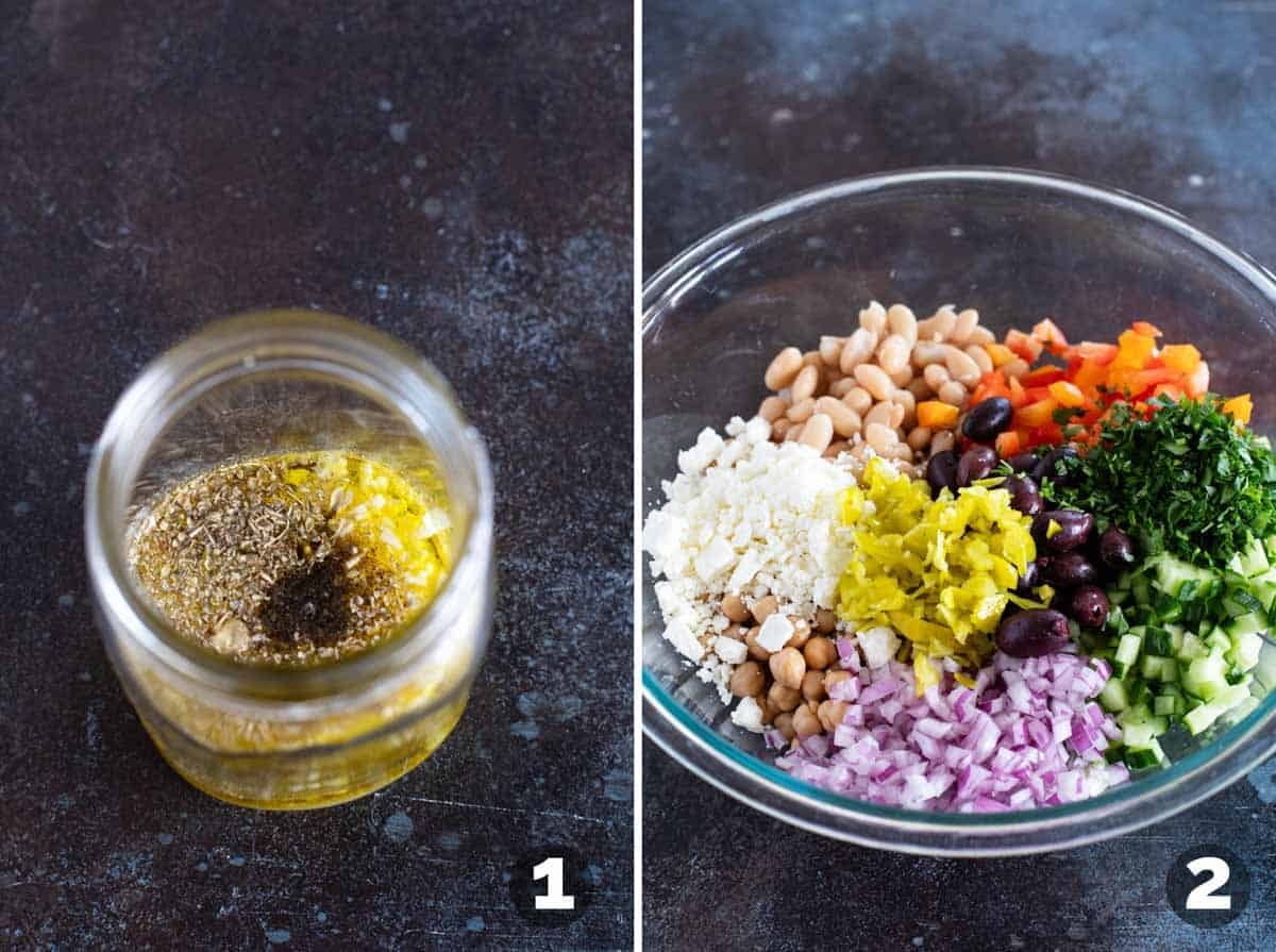Steps to make a Mediterranean Bean Salad.