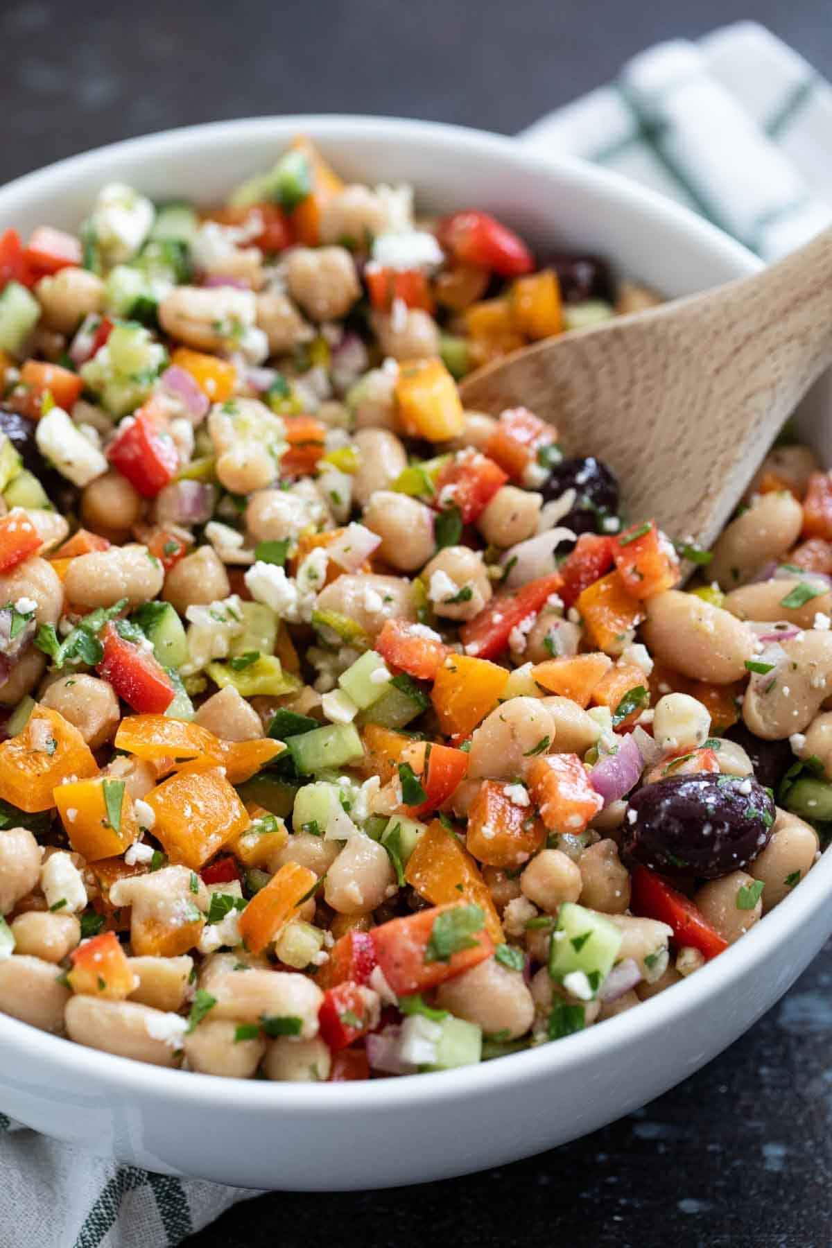 Mediterranean Bean Salad with beans, vegetables, and a homemade dressing.