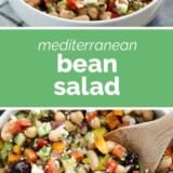 Mediterranean Bean Salad collage with text bar in the middle.