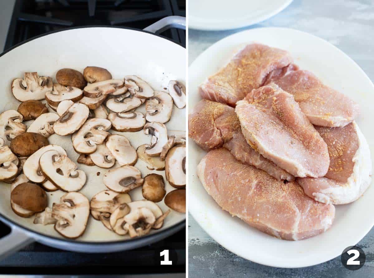 Cooking mushrooms in a skillet and seasoning boneless pork chops.
