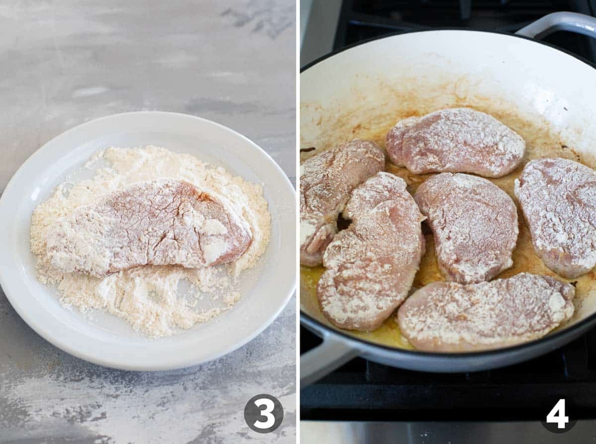 Coating pork chop in flour and cooking in a skillet.
