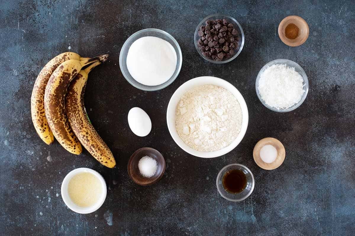 Ingredients for Banana Chocolate Chip Muffins with Coconut.