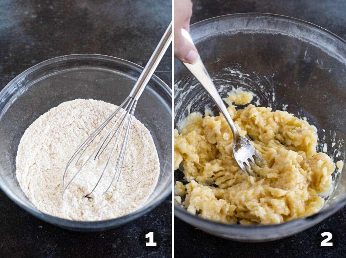 Mixing dry ingredients and mashing bananas for Banana Chocolate Chip Muffins with Coconut.