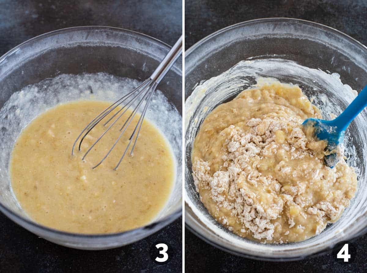 Making muffin batter for Banana Chocolate Chip Muffins with Coconut.