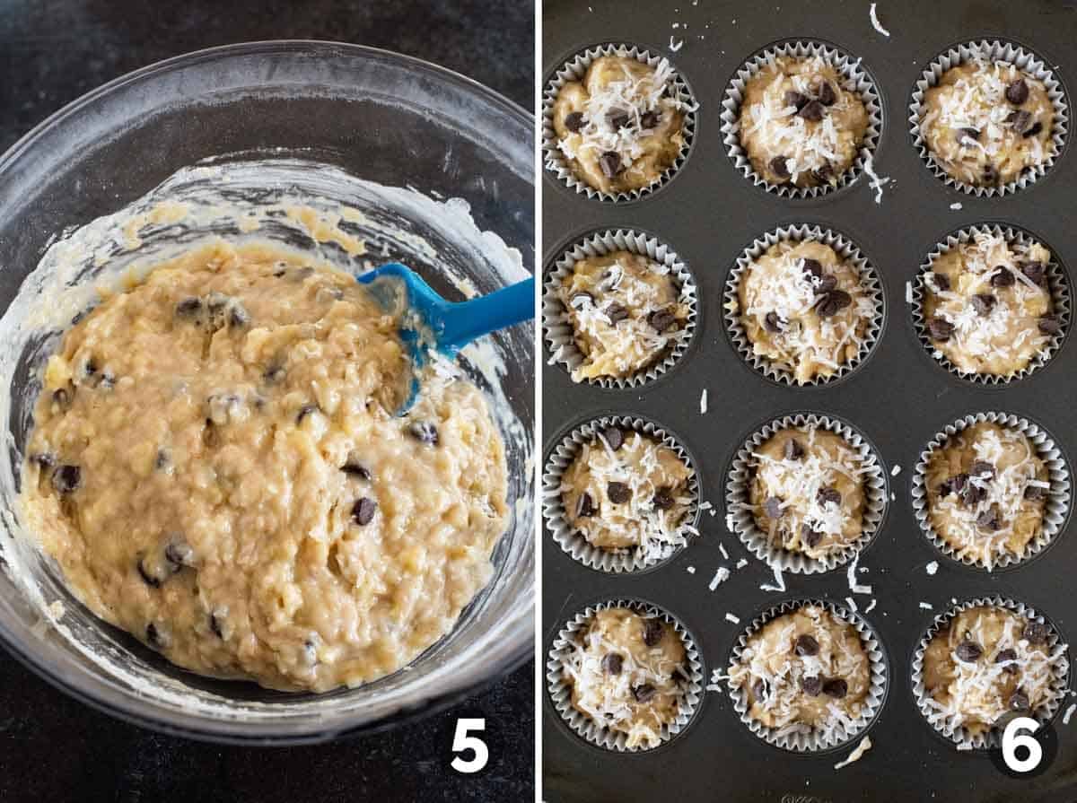 Mixing muffin batter and filling muffin cups.