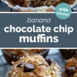 Banana Chocolate Chip Muffins with Coconut collage with text bar in the middle.