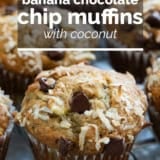Banana Chocolate Chip Muffins with Coconut with text overlay.
