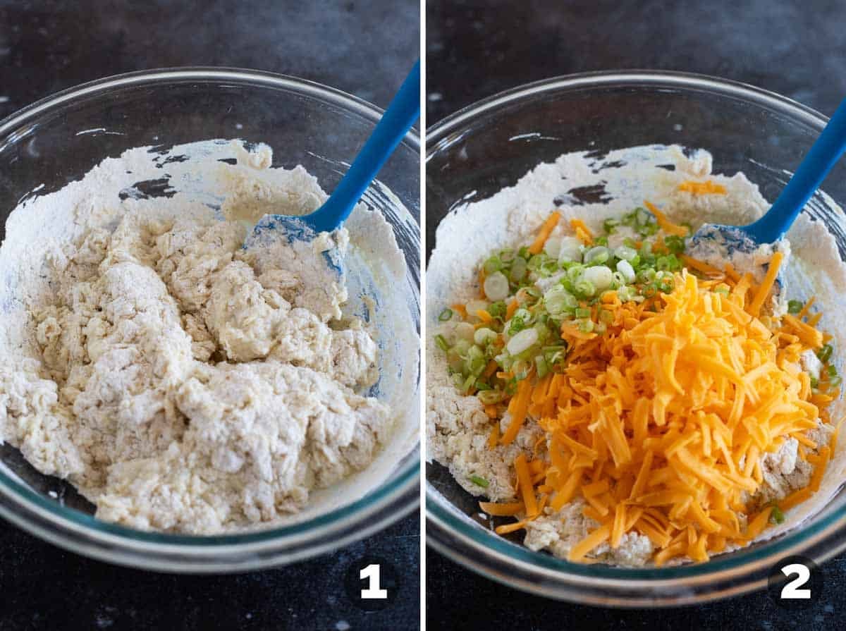 Mixing batter for quick bread and adding cheese and green onions.