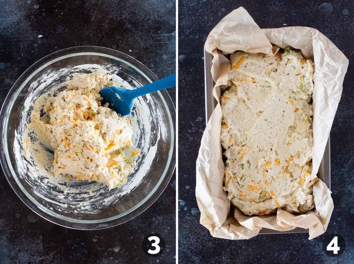 Cheddar Black Pepper Quick Bread batter in a bowl and spread into a loaf pan.