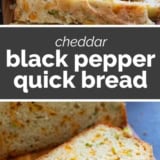 Cheddar Black Pepper Quick Bread collage with text bar in the middle.