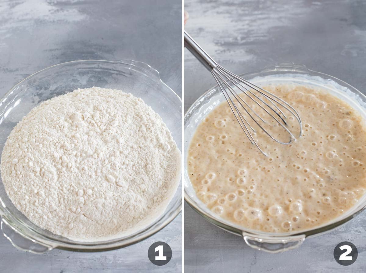 Putting flour in a shallow dish, and making buttermilk mixture for Chicken Fried Steak.